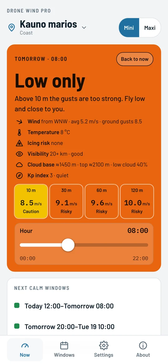 The main card with the hour slider: 08:00 selected, the answer “Low only”, with wind, temperature, visibility, cloud, Kp and gusts at 10–120 m for that hour