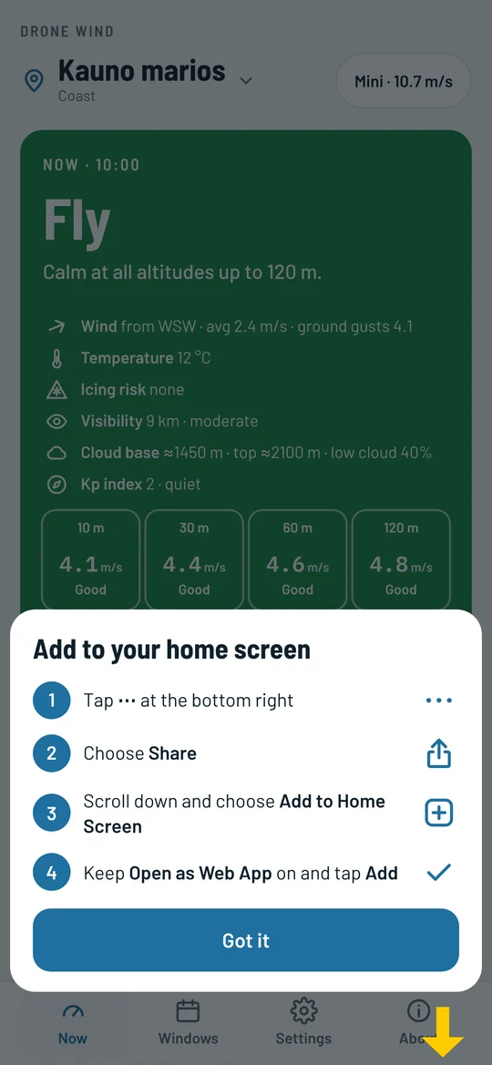 On iPhone the app shows how to install it: 4 steps and a yellow arrow to the right button