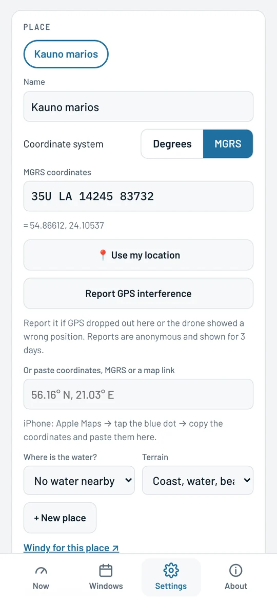 Place settings: coordinate system MGRS, entered 35U LA 14245 83732