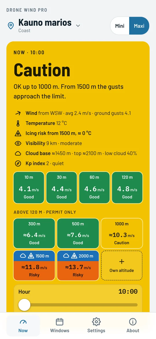 Maxi drone screen: “Caution – OK up to 1000 m”, icing marks at 1500 and 2000 m, wind at 300–2000 m
